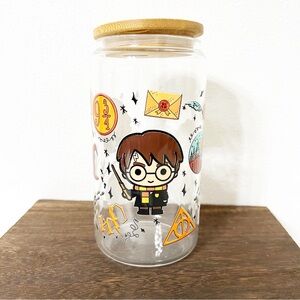 Harry Potter Themed Libbey Glass Can with Bamboo Lid and straw